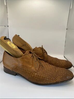 Woven Leather Derby Shoes — Brown Lace-Up 43.5
